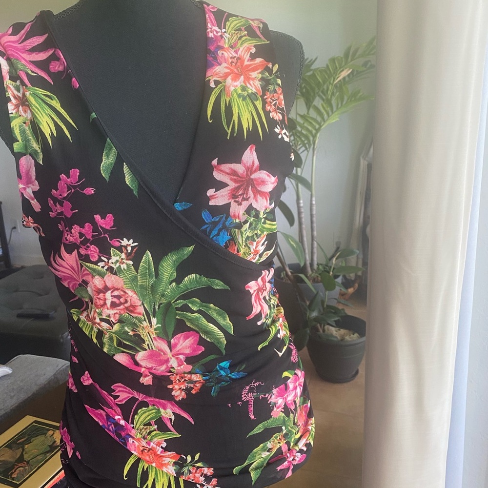 INC International Concepts Black and Pink Floral Top